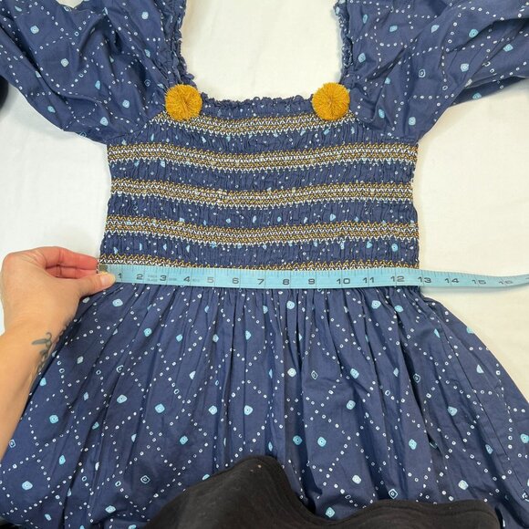 Figue Peony Kizzy Mini Dress Smocked Pom Pom Bandana Print Blue Small - Picture 9 of 13